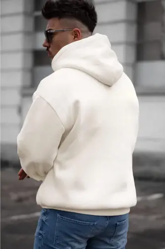 Erkek Kırık Beyaz Krem Ekru Düz Kapüşonlu Oversize 3 Iplik Şardonlu Salaş Bol Kesim Hoodie Sweatshir-Ekru - 2