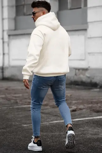 Erkek Kırık Beyaz Krem Ekru Spectacular Baskılı 3 iplik Şardonlu Kapüşonlu Kanguru Cepli Oversize Sa-Ekru - MILLIONAIRE (1)
