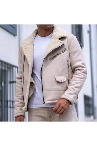 Erkek Kırık Beyaz Napa Deri Çapraz Model Mont - Kırık Beyaz - 1