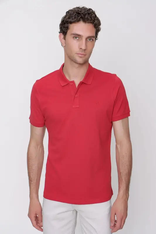 Erkek Kırmızı Basic Düz %100 Pamuk Slim Fit Dar Kesim Kısa Kollu Polo Yaka Tişört - 1