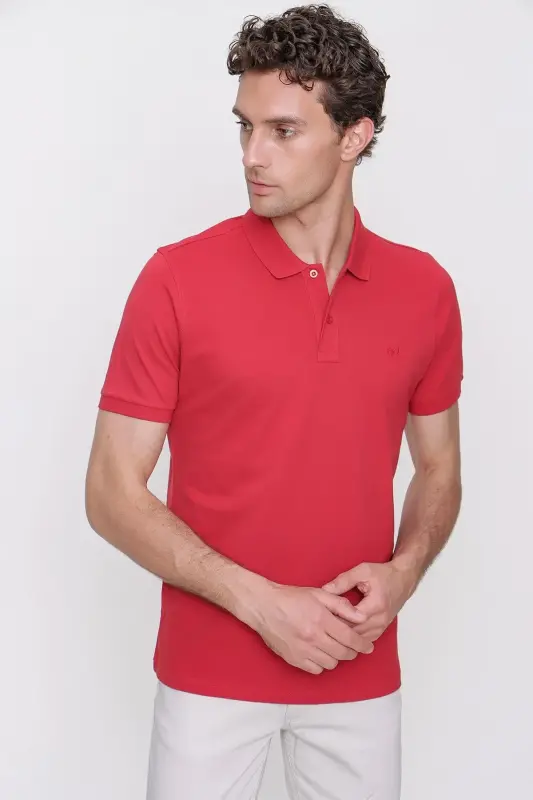 Erkek Kırmızı Basic Düz %100 Pamuk Slim Fit Dar Kesim Kısa Kollu Polo Yaka Tişört - 2