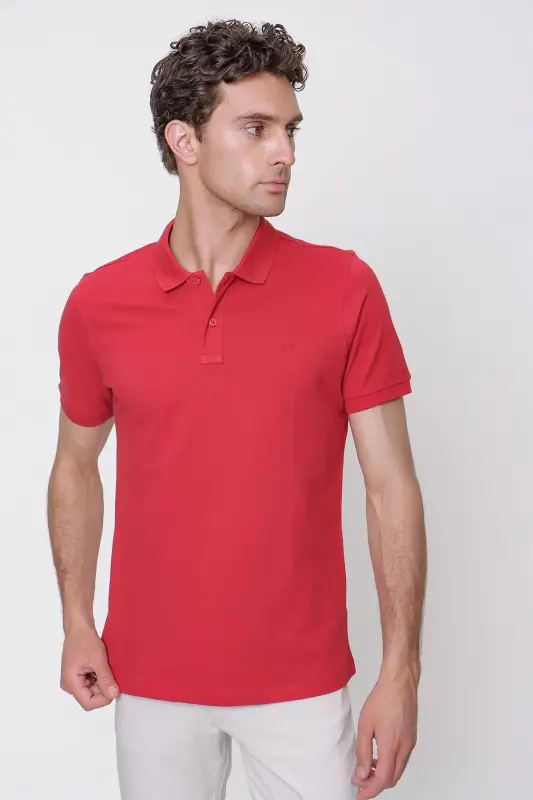 Erkek Kırmızı Basic Düz %100 Pamuk Slim Fit Dar Kesim Kısa Kollu Polo Yaka Tişört - 3