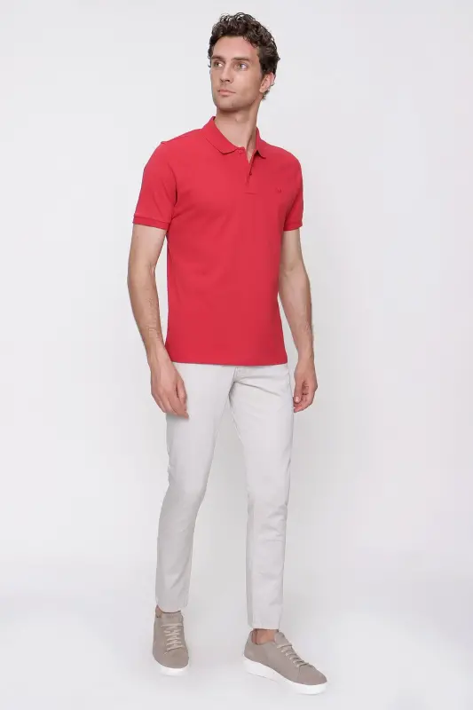 Erkek Kırmızı Basic Düz %100 Pamuk Slim Fit Dar Kesim Kısa Kollu Polo Yaka Tişört - 4