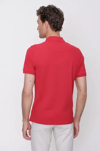 Erkek Kırmızı Basic Düz %100 Pamuk Slim Fit Dar Kesim Kısa Kollu Polo Yaka Tişört - 6