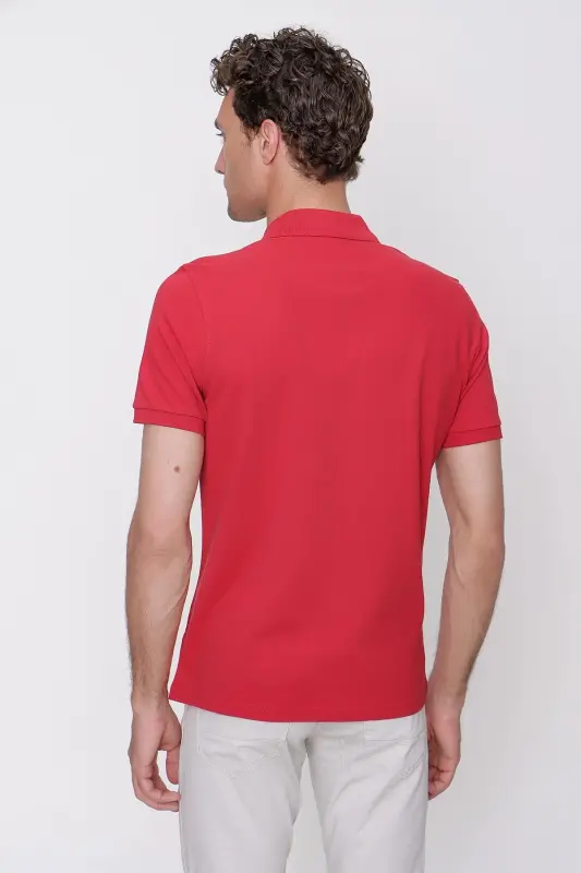 Erkek Kırmızı Basic Düz %100 Pamuk Slim Fit Dar Kesim Kısa Kollu Polo Yaka Tişört - 6