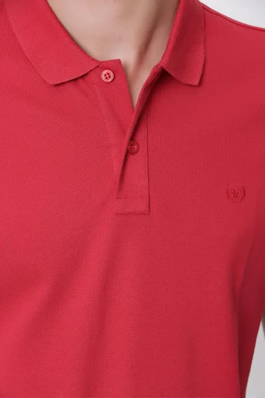 Erkek Kırmızı Basic Düz %100 Pamuk Slim Fit Dar Kesim Kısa Kollu Polo Yaka Tişört - 5