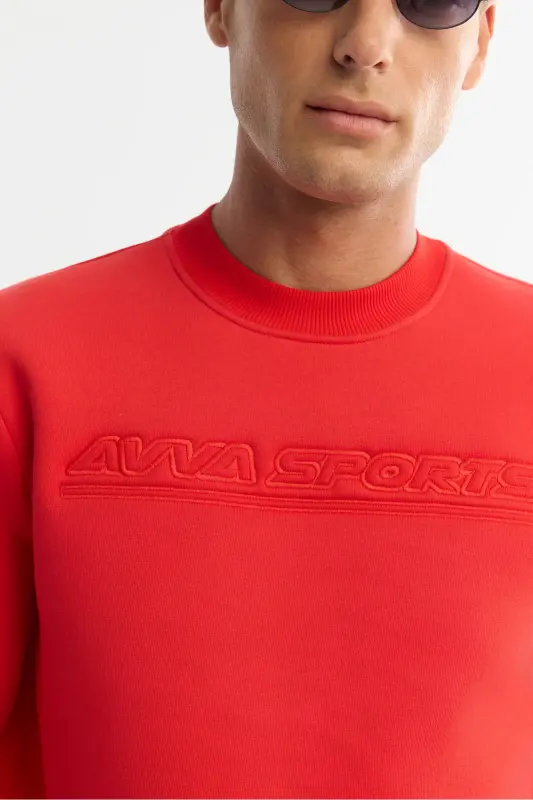Erkek Kırmızı Bisiklet Yaka 3 İplik Şardonlu Baskılı Regular Fit Sweatshirt A42Y1306 - Kırmızı - 2