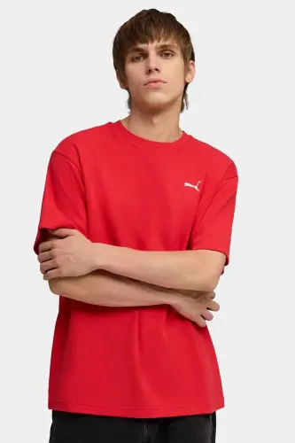 Erkek Kırmızı Bisiklet Yaka Pamuklu T-shirt - Kırmızı-C8 