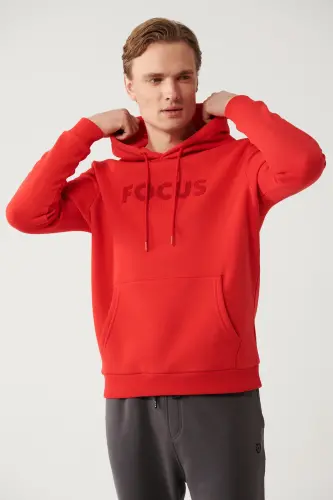 Erkek Kırmızı Şardonlu Kumaş Kapüşonlu Yaka Süzene Nakışlı Kanguru Cepli Sweatshirt A32Y1193 - Kırmızı - 3