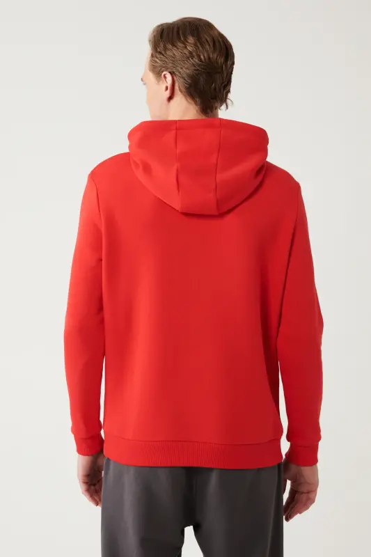 Erkek Kırmızı Şardonlu Kumaş Kapüşonlu Yaka Süzene Nakışlı Kanguru Cepli Sweatshirt A32Y1193 - Kırmızı - 4