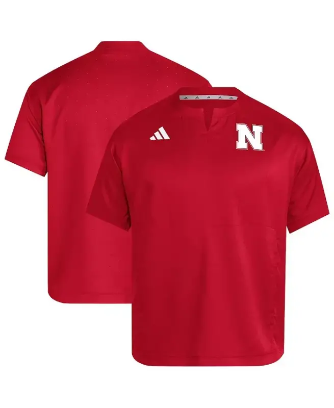 Men's Red Nebraska Huskers Dugout Coaches Adizero Notch Neck Pullover Sweatshirt-Red - 1