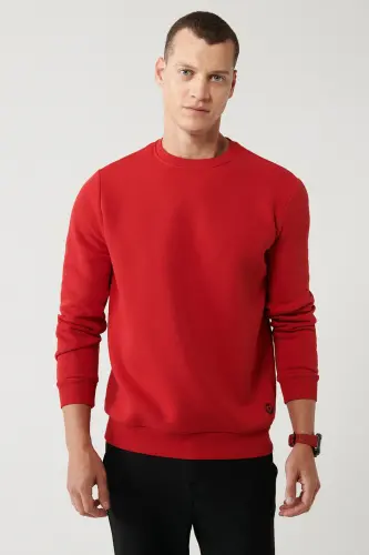 Erkek Kırmızı Şardonlu Kumaş Bisiklet Yaka Basic Sweatshirt E001017-Kırmızı 
