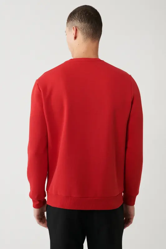 Erkek Kırmızı Şardonlu Kumaş Bisiklet Yaka Basic Sweatshirt E001017-Kırmızı - 4