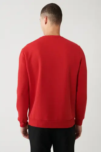 Erkek Kırmızı Şardonlu Kumaş Bisiklet Yaka Basic Sweatshirt E001017 - Kırmızı - 4