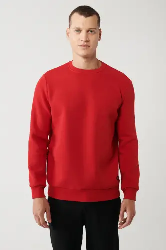 Erkek Kırmızı Şardonlu Kumaş Bisiklet Yaka Basic Sweatshirt E001017 - Kırmızı - 5
