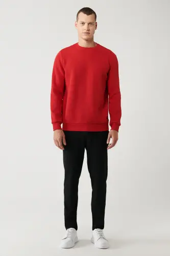 Erkek Kırmızı Şardonlu Kumaş Bisiklet Yaka Basic Sweatshirt E001017 - Kırmızı - 6