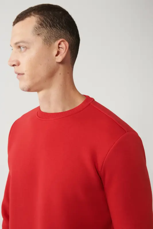 Erkek Kırmızı Şardonlu Kumaş Bisiklet Yaka Basic Sweatshirt E001017-Kırmızı - 2
