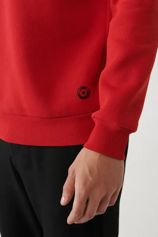 Erkek Kırmızı Şardonlu Kumaş Bisiklet Yaka Basic Sweatshirt E001017-Kırmızı - 3