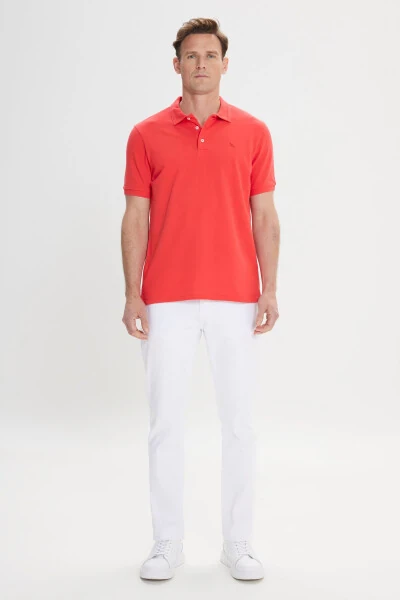 Erkek Kırmızı Slim Fit Dar Kesim Polo Yaka %100 Pamuk Kısa Kollu Tişört-Kırmızı - 2