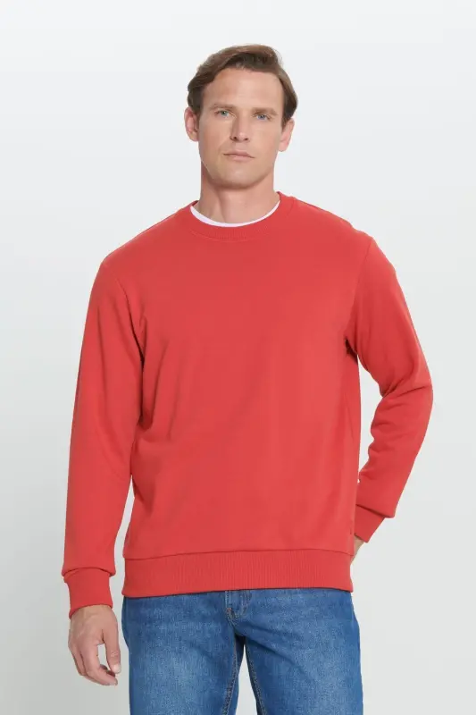 Erkek Kırmızı Standart Fit Normal Kesim Bisiklet Yaka Pamuklu Sweatshirt - Kırmızı - AC&CO / ALTINYILDIZ CLASSICS