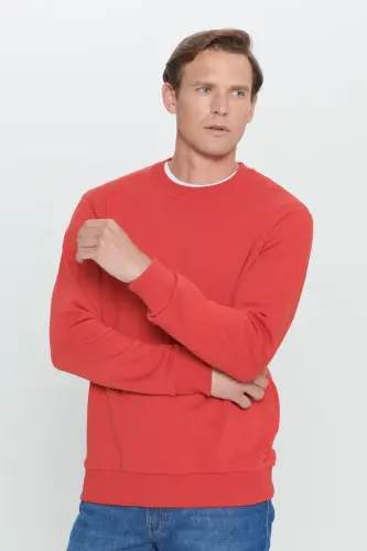 Erkek Kırmızı Standart Fit Normal Kesim Bisiklet Yaka Pamuklu Sweatshirt - Kırmızı - 3