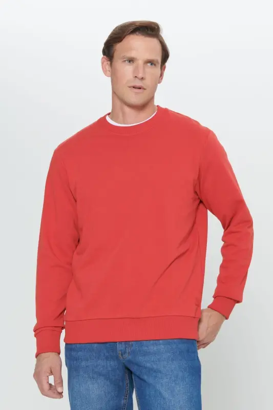 Erkek Kırmızı Standart Fit Normal Kesim Bisiklet Yaka Pamuklu Sweatshirt - Kırmızı - 4