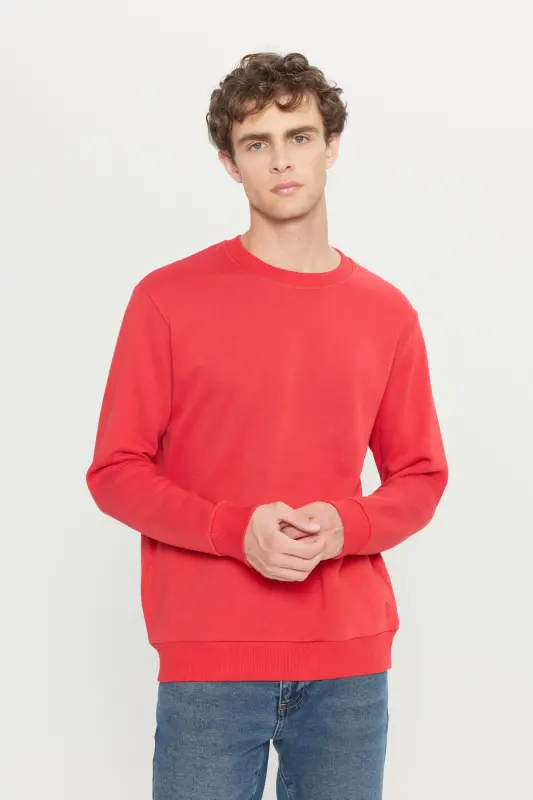 Erkek Kırmızı Standart Fit Normal Kesim Içi Polarlı 3 Iplik Bisiklet Yaka Pamuklu Sweatshirt - Kırmızı - 7
