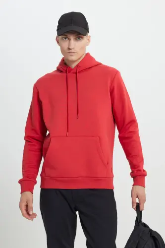 Erkek Kırmızı Standart Fit Normal Kesim Içi Polarlı 3 Iplik Kapüşonlu Pamuklu Sweatshirt - Kırmızı - 1