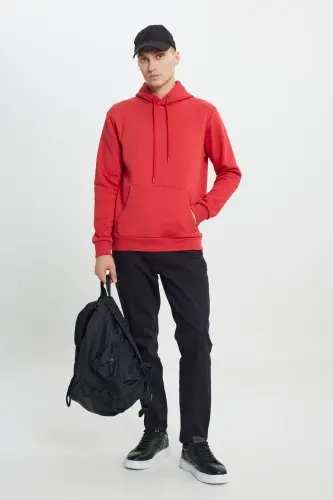 Erkek Kırmızı Standart Fit Normal Kesim Içi Polarlı 3 Iplik Kapüşonlu Pamuklu Sweatshirt - Kırmızı - 2