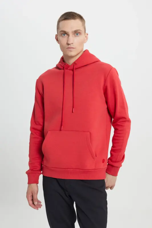 Erkek Kırmızı Standart Fit Normal Kesim Içi Polarlı 3 Iplik Kapüşonlu Pamuklu Sweatshirt - Kırmızı - 3