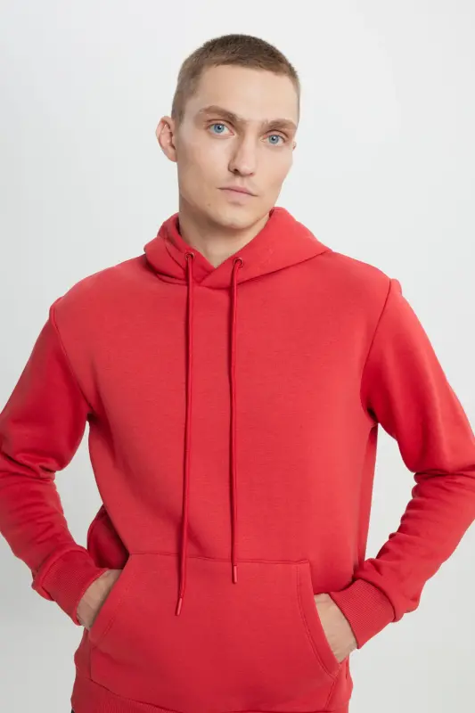 Erkek Kırmızı Standart Fit Normal Kesim Içi Polarlı 3 Iplik Kapüşonlu Pamuklu Sweatshirt - Kırmızı - 4