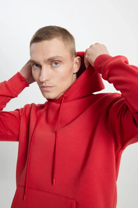 Erkek Kırmızı Standart Fit Normal Kesim Içi Polarlı 3 Iplik Kapüşonlu Pamuklu Sweatshirt - Kırmızı - 5