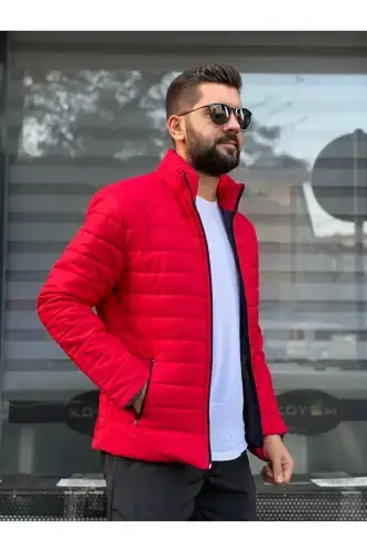 Erkek Kırmızı Su Geçirmez Fermuarlı Şişme Mont-Kırmızı - 2