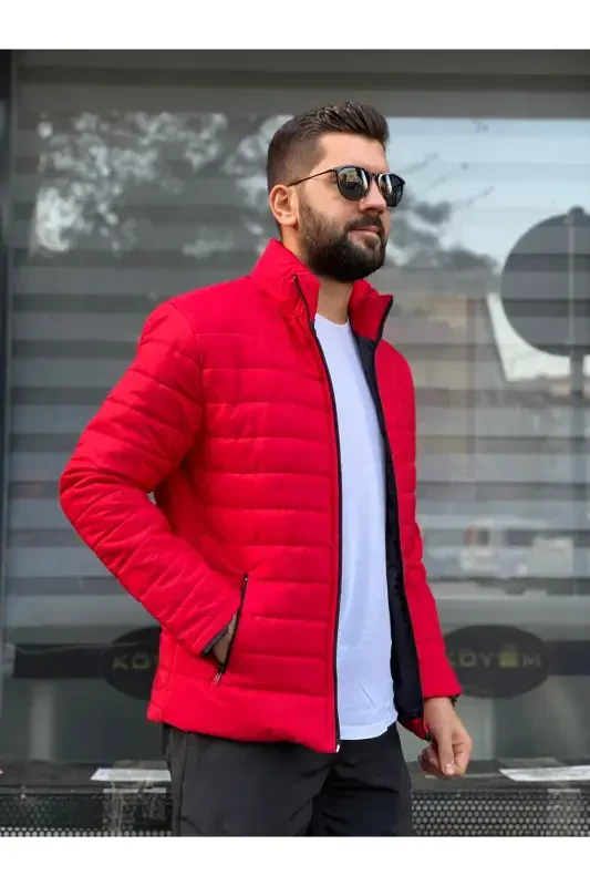 Erkek Kırmızı Su Geçirmez Fermuarlı Şişme Mont-Kırmızı - 2