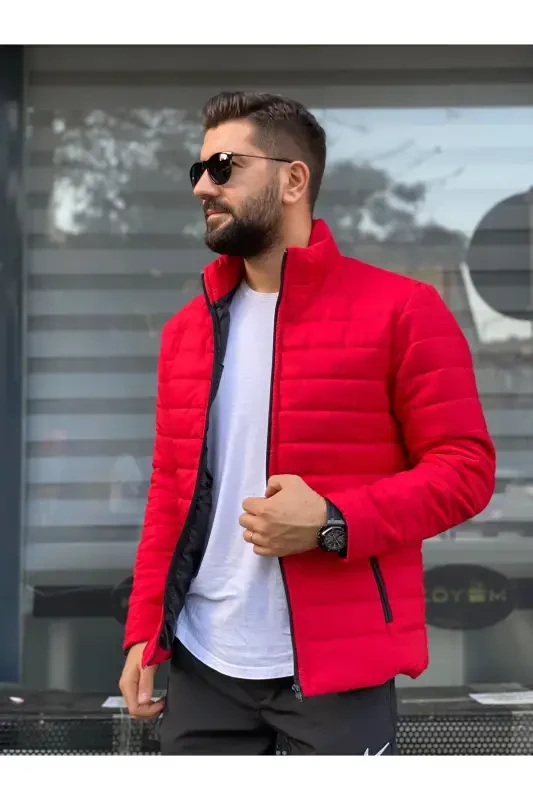 Erkek Kırmızı Su Geçirmez Fermuarlı Şişme Mont-Kırmızı - 5