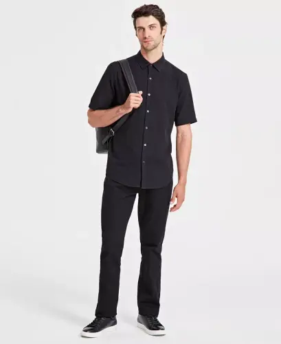 Men's Short-Sleeve Solid Textured Shirt, Created for Modazone-Deep Black 
