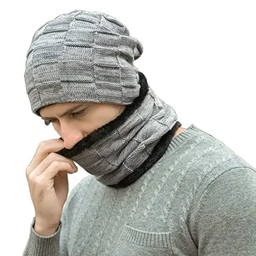 Mens Winter Beanie Hats Scarf Set Warm Knit Skull Cap Neck Warmer with Fleece Lined Winter Hat for Women 