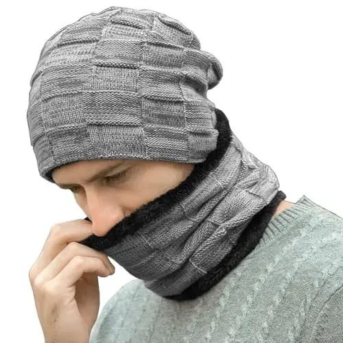 Mens Winter Beanie Hats Scarf Set Warm Knit Skull Cap Neck Warmer with Fleece Lined Winter Hat for Women 