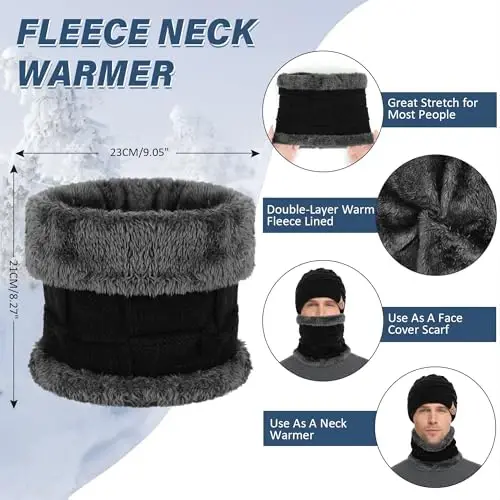 Mens Winter Beanie Hats Scarf Set Warm Knit Skull Cap Neck Warmer with Fleece Lined Winter Hat for Women - 3