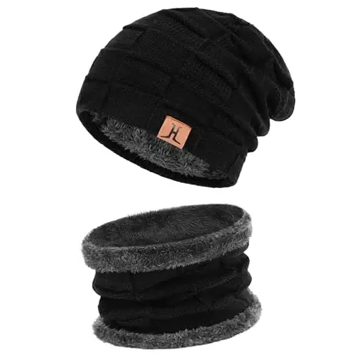 Mens Winter Beanie Hats Scarf Set Warm Knit Skull Cap Neck Warmer with Fleece Lined Winter Hat for Women 