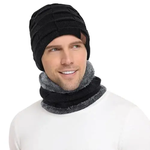 Mens Winter Beanie Hats Scarf Set Warm Knit Skull Cap Neck Warmer with Fleece Lined Winter Hat for Women - 5
