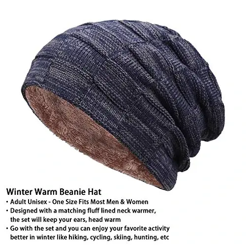 Mens Winter Beanie Hats Scarf Set Warm Knit Skull Cap Neck Warmer with Fleece Lined Winter Hat for Women - 2