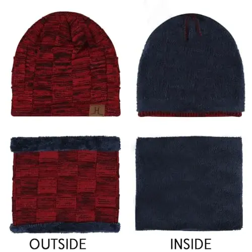 Mens Winter Beanie Hats Scarf Set Warm Knit Skull Cap Neck Warmer with Fleece Lined Winter Hat for Women - 4