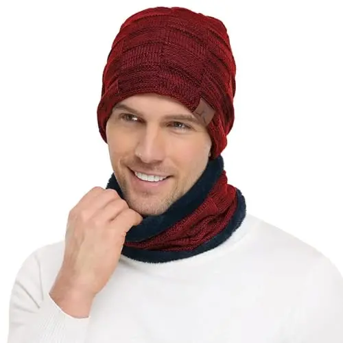 Mens Winter Beanie Hats Scarf Set Warm Knit Skull Cap Neck Warmer with Fleece Lined Winter Hat for Women - 5