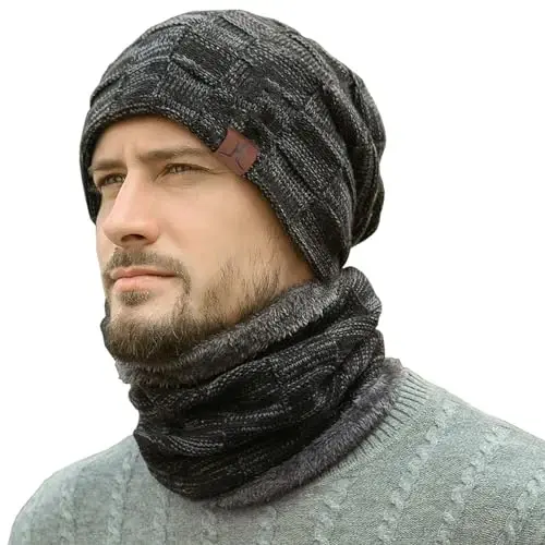 Mens Winter Beanie Hats Scarf Set Warm Knit Skull Cap Neck Warmer with Fleece Lined Winter Hat for Women 