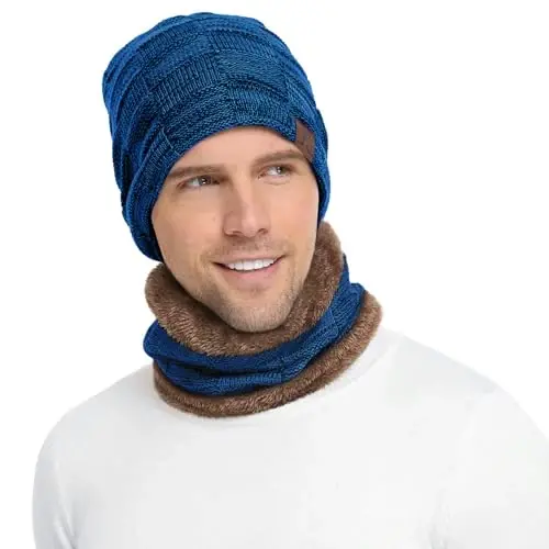 Mens Winter Beanie Hats Scarf Set Warm Knit Skull Cap Neck Warmer with Fleece Lined Winter Hat for Women - 1
