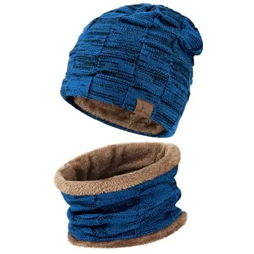 Mens Winter Beanie Hats Scarf Set Warm Knit Skull Cap Neck Warmer with Fleece Lined Winter Hat for Women - 2