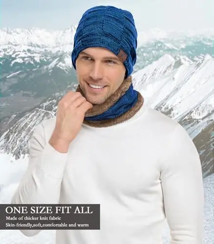 Mens Winter Beanie Hats Scarf Set Warm Knit Skull Cap Neck Warmer with Fleece Lined Winter Hat for Women - 5