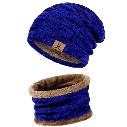 Mens Winter Beanie Hats Scarf Set Warm Knit Skull Cap Neck Warmer with Fleece Lined Winter Hat for Women - 2