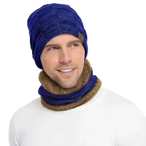 Mens Winter Beanie Hats Scarf Set Warm Knit Skull Cap Neck Warmer with Fleece Lined Winter Hat for Women 